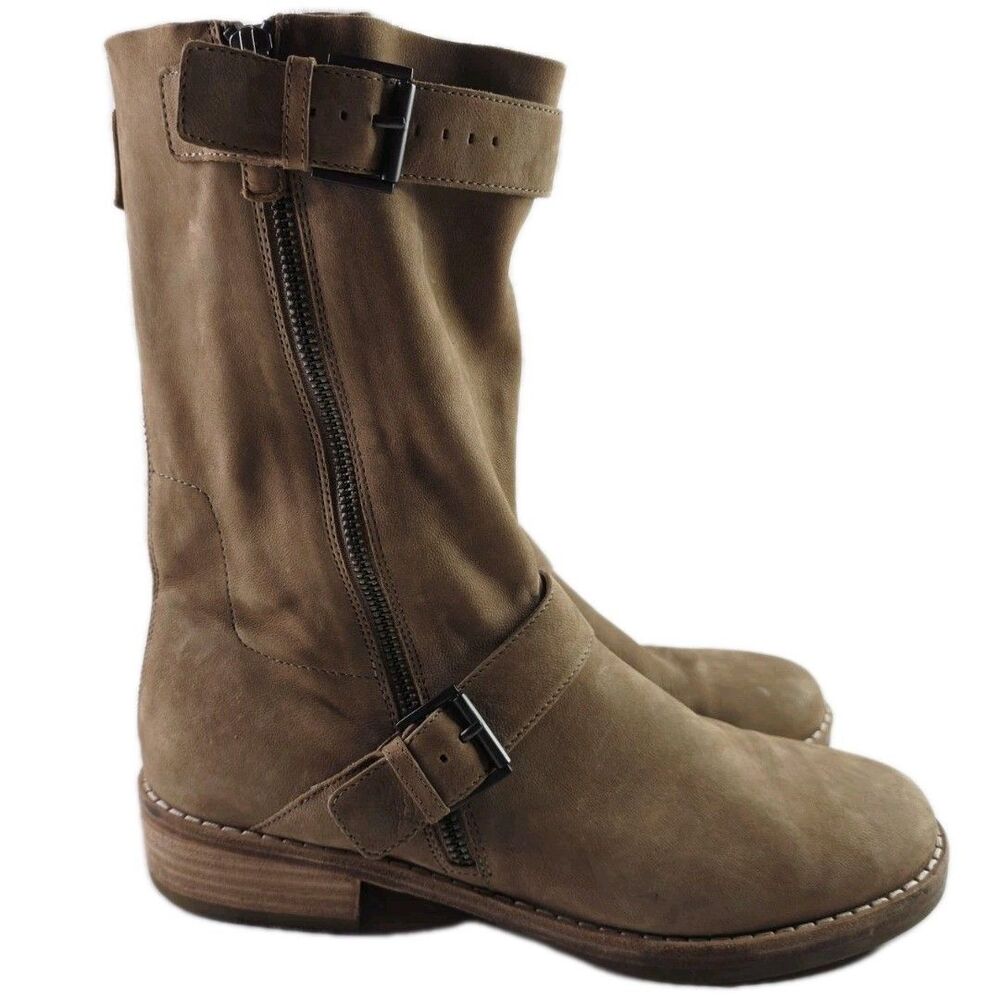 Eileen Fisher Log Two Buckle Mid Shaft Oatmeal Suede Boots Size 9.5